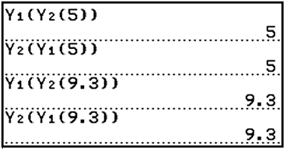 Numbers inserted for composition property evidence:
Y1(Y2(5)), inverse 5
Y2(Y1(5)), inverse 5
Y1(Y2(9.3)), inverse 9.3
Y2(Y1(9.3)), inverse 9.3